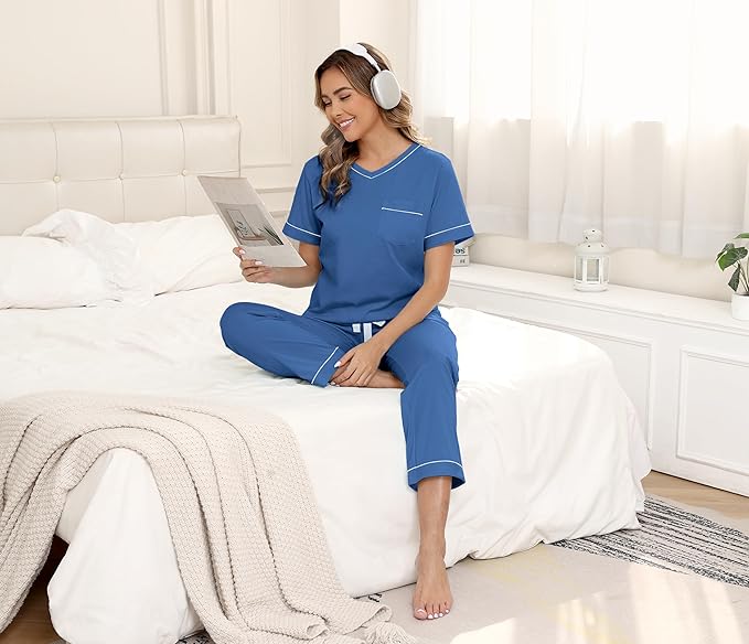 CF Women's 100% Cotton Pajama Sets Soft Short Sleeve Tops & Pants Comfy Sleepwear 2 Piece Lounge set with Pockets Loungewear