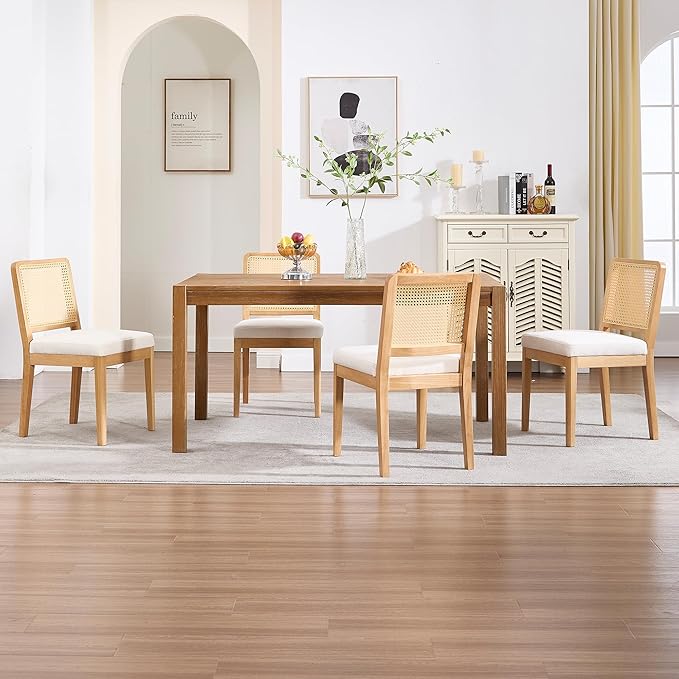 Wahson Mid Century Modern Dining Chairs Set of 2, French Country Modern Style, Rectangle Cane Upholstered Kitchen Chairs with Natural Wooden Legs, White Chenille