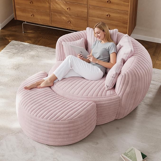 50" W Oversized Round Chaise Lounge Chair with Ottoman Indoor Boneless Plush Fluffy Corduroy Circle Couch Soft Comfy Cozy Cloud Reading Chair for Living Room, Playroom, Bedroom - Pink