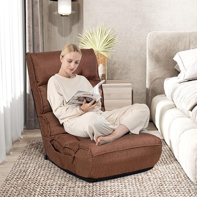 KOMFOTT Folding Floor Chair for Adults, Floor Gaming Chair with 5-Position Adjustable Headrest & 4-Position Adjustable Backrest, Side Pocket, Floor Seating Lazy Sofa for Reading, Meditating, Brown
