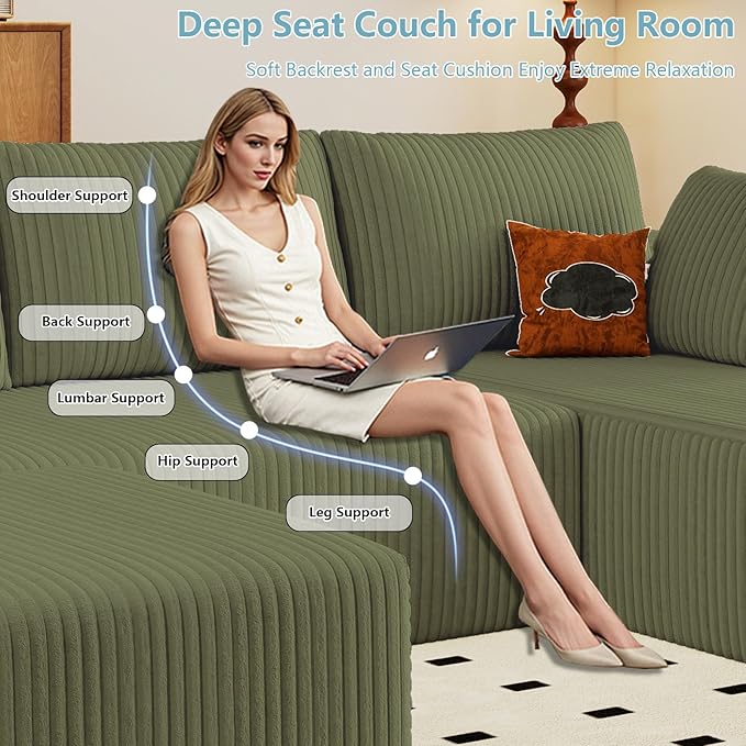 96" W Cloud Sectional Couch with Ottoman,Modern U-Shaped Cloud Couch with Deep Seat,Comfy Corduroy 3-Seater Sofa,Memory Foam Sofa for Living Room,No Assembly (Green,Right-Facing Chaise)