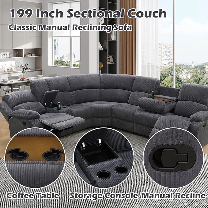 SIENWIEY Manual Recliner Sectional Sofa for Living Room,L Shaped Reclining Sectional Corner Couch with Sofa,Gray Corduroy Recliner Sofa Set with Storage Console/Drop Down Coffee Table/Cup Holders