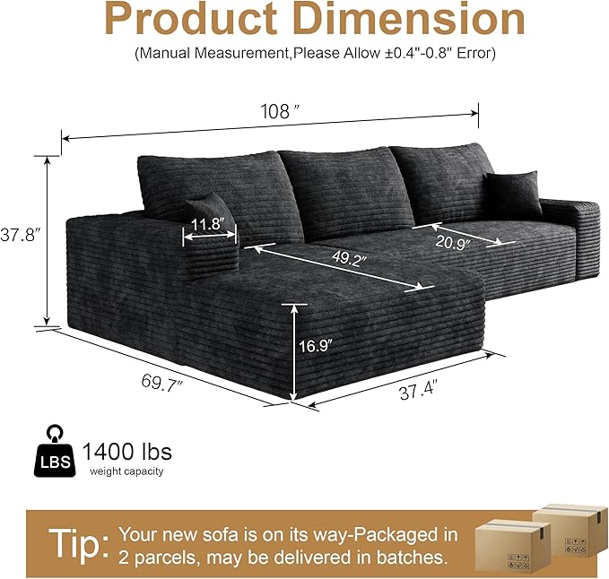AUGOP 108" Sectional Couches for Living Room Modern Modular Sofa with L-Shape Couchs Upholstered Boneless Couch Deep Seat Sectional Couch with Chaise (Black, Left Facing Chaise+2Seaters)