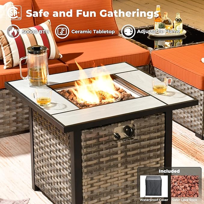 ovios 9 Pieces Patio Furniture Set, Outdoor Wicker Sectional Sofa with 30" Fire Pit Table Swivel Chair, Modern Modular Deep Seat Rattan Couch Conversation Sets, Orange Red