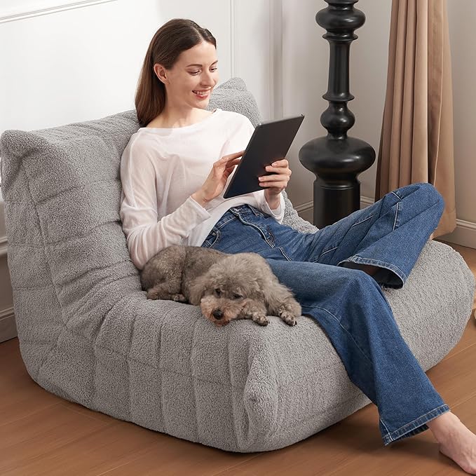 Bean Bag Chair Big Sofa Beanbag Chair for Adults Fireside Chair Bean Bag Lounger with Memory Foam Filled for Home,Apartment or Gaming Venue(Lightgrey Teddy)