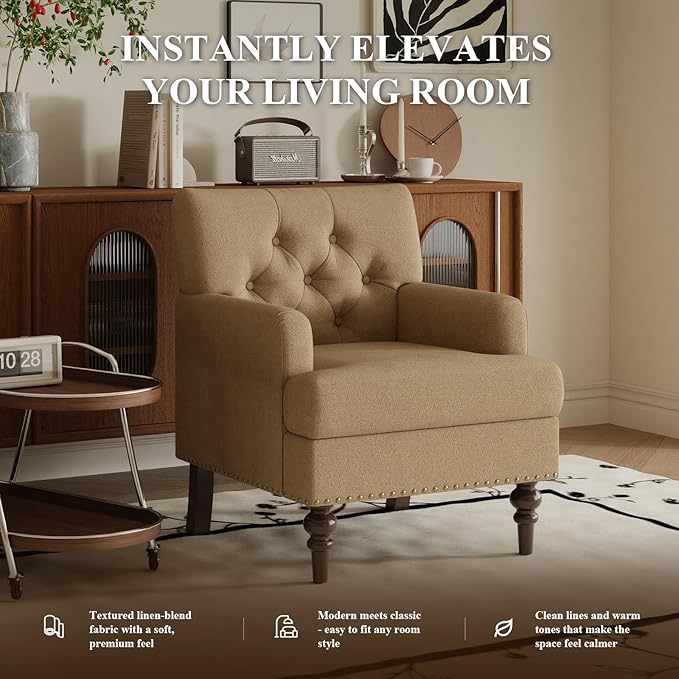 Upholstered Accent Chair with Thick Cushion, High Back Reading Chair, Linen Blend Armchair with Solid Rubberwood Legs for Living Room, Bedroom, Reading Nook, Apartment & Small Spaces,Brown