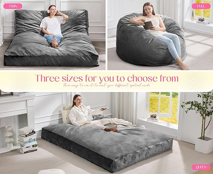 Hobestluk Giant Bean Bag Chair Bed for Adults, Large Bean Bags with High-Density Foam Filling, Convertible Big Sofa Bed Couch for Living Room, Bedroom, Playroom (Grey, Twin)