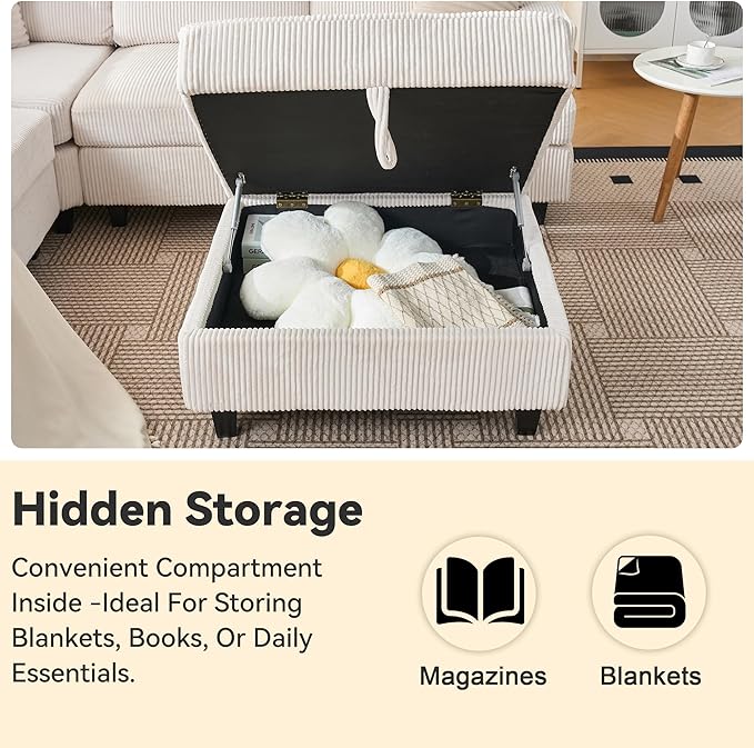 90" L Shaped Modular Sectional Sleeper Sofa, Soft Corduroy Sectional with Armrests, 2 Cup Holders & 2 USB Ports, 21" Deep Seat Cloud Couch for Living Room, Bedroom Office (White, 3 Seat + 1 Ottoman)