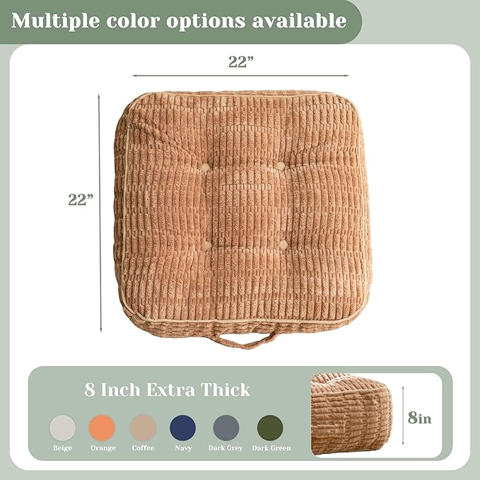 8" Washable Floor Pillow Cushion for Adults, Meditation Cushion Pillow, Removable Tufted Blended Corduroy Cover, Large Square Floor Sitting for Tatami Living Room or Yoga, 2Pack, Machine Washable