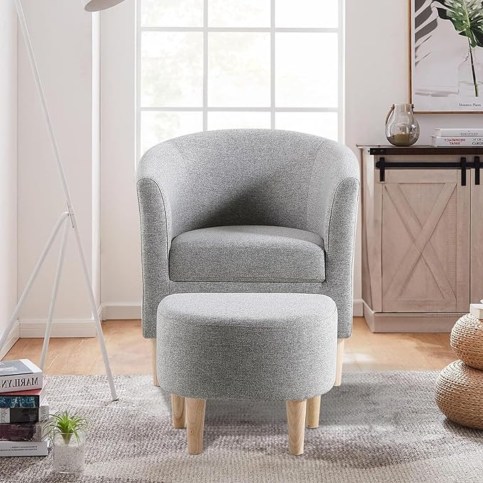 DAZONE Accent Chair with Ottoman, Mid Century Modern Barrel Comfy Fabric Armchair and Footrest Set, Upholstered Club Tub Round Arms Chair for Living Room Bedroom Reading Room, Grey