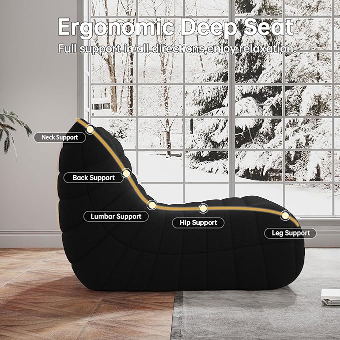Bean Bag Chairs for Adults, BeanBag Reading Chair Memory Foam Couch 3-Seater, Floor Chair Soft Teddy Material, Comfy Reading Nook Chairs for Bedroom Living Room Office (Black)