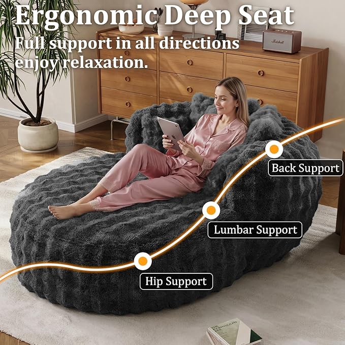 55" W Oversized Round Chaise Lounge Chair with Ottoman Indoor Boneless Faux Fur Plush Fluffy Circle Couch Soft Comfy Cozy Cloud Reading Chair with 5 Pillows for Living Room, Playroom, Bedroom - Grey