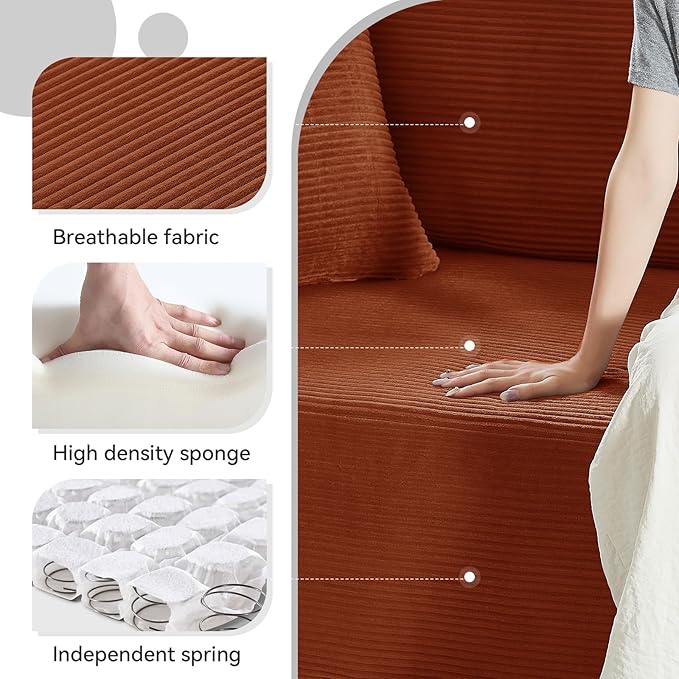 83" Sofa in a Box, 3 Seater Couch No Assembly Boneless Sofa Bed with Cushion Back 2 Matching Pillows Deep Seat Corduroy Fabric Side Storage Pockets for Living Room, Bedroom, Apartment, Office, Orange