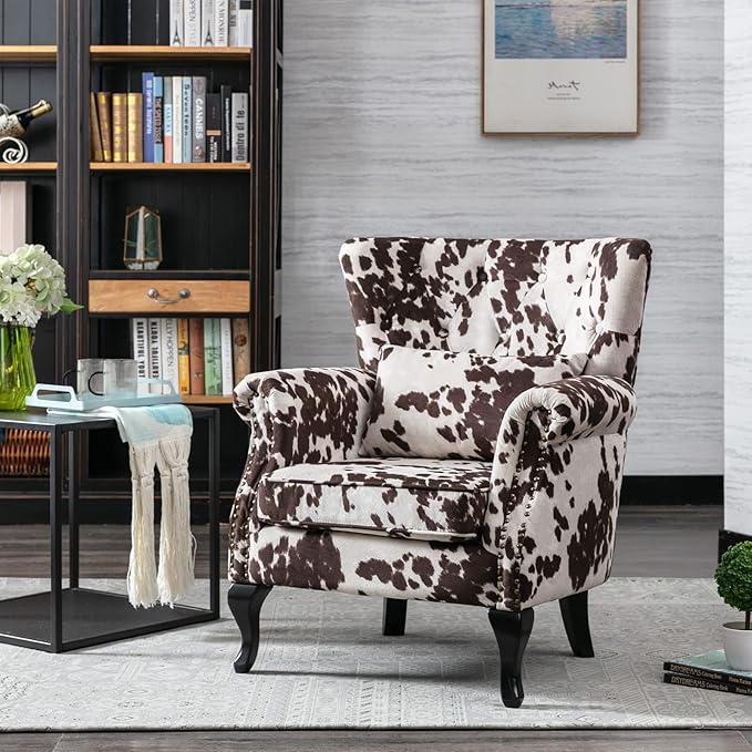 chairus Mid-Century Modern Accent Chair Comfy Tufted Single Sofa Chair Wingback Armchair with Pillow for Club, Living Room, Bedroom - Velvet, Cow