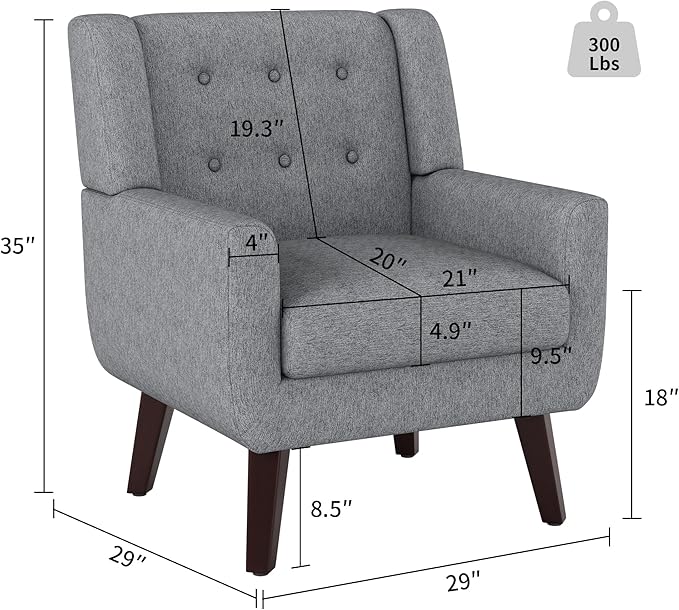 Accent Chairs, Mid-Century Modern Upholstered Living Room Armchair, Comfy Oversized Linen Fabric Single Reading Arm Chair with Tufted Back and Wood Legs for Bedroom, Club (1, Grey)