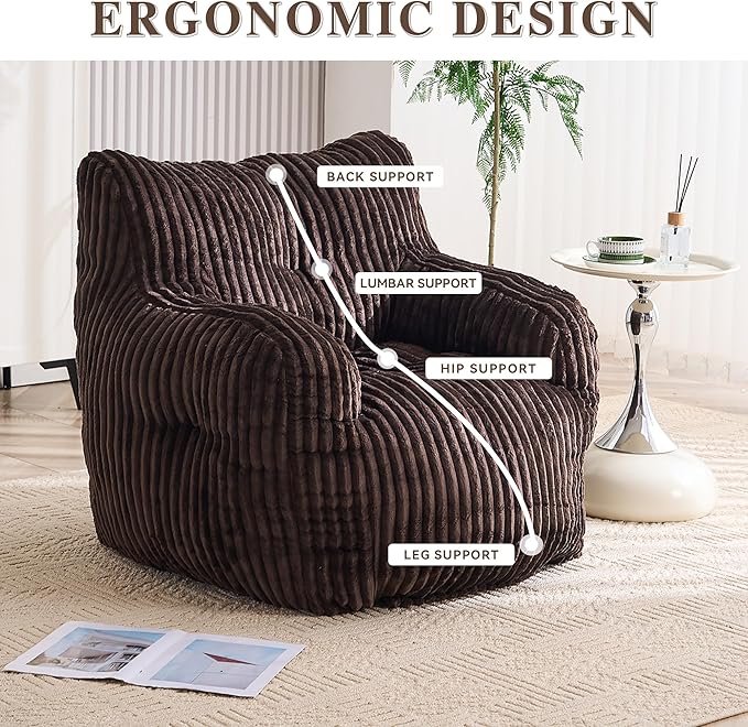 GDFStudio 37" Bean Bag Chair Oversize Bean Bag Lazy Floor Sofa with Back Support Comfy Corduroy Memory Foam Chair with Armrest for Living Room Bedroom, Brown