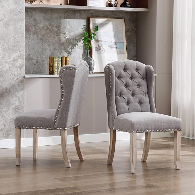 DUOMAY Modern Tufted Dining Chairs Set of 6, Linen Upholstered Dining Room Chairs Armless Guest Side Chair for Kitchen Dining Room, Wingback Accent Chairs with Solid Wood, Grey