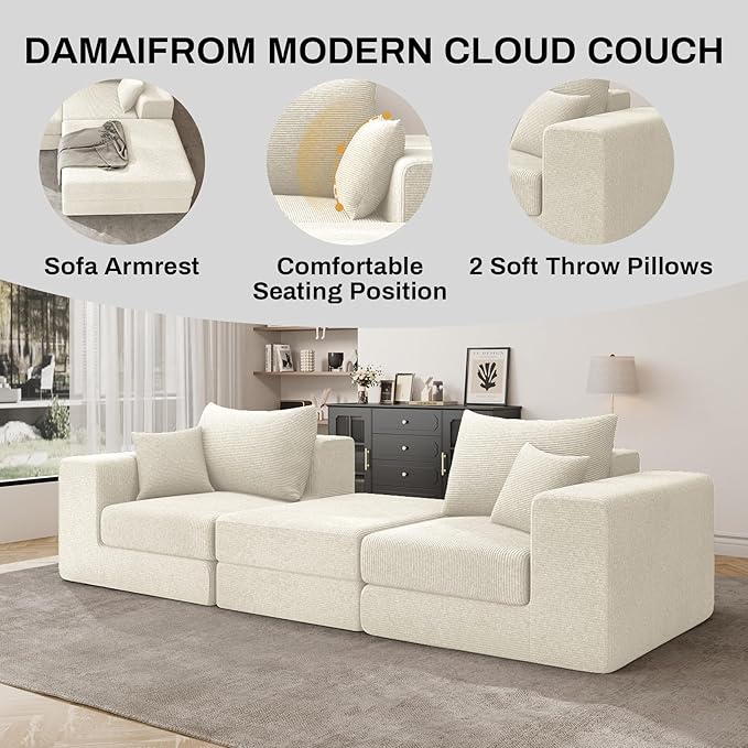 DAMAIFROM 80" Convertible Sleeper Sofa Bed with Soft Pillow, Corduroy Folding Mattress Couch with L-Shape Chaise, Modular Floor Sofa Lounge Couch for Living Room Bedroom Lounge (Beige White)
