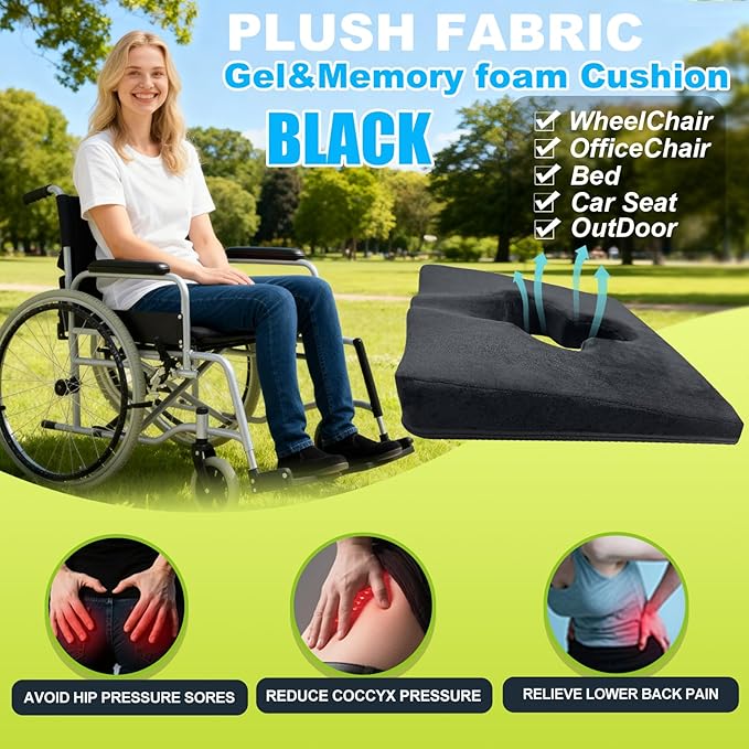 Gel Wheelchair Seat Cushion,Bed Sore Cushions for Butt,Sciatica,Coccyx,Pressure Sore Cushion for Office Chairs,Pain Relief Butt Pillow for Bedridden&Elderly,Washable Cover(Plush-Fabric Black)