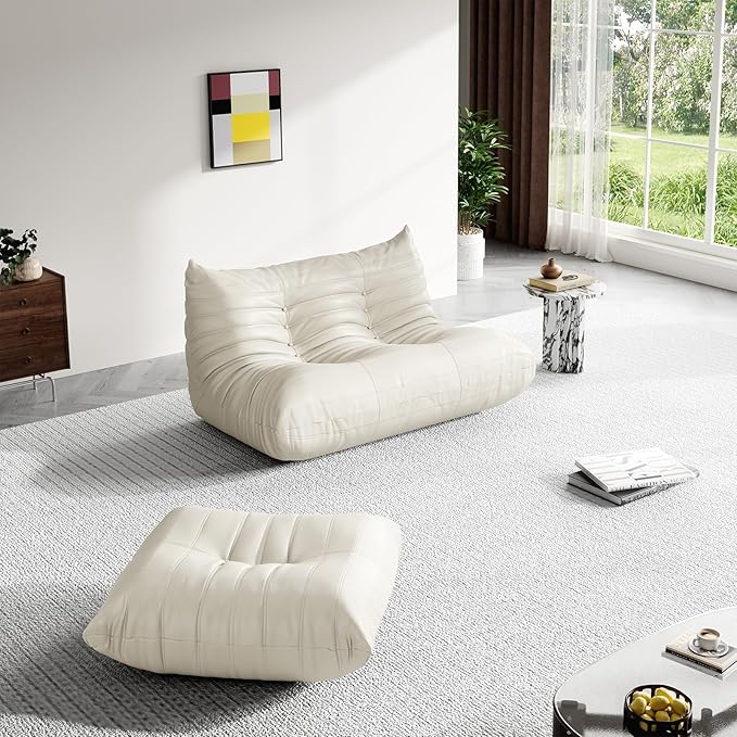 Foam Bean Bag Chairs for Adults,Big Faux Leather Bean Bag Lounger Couches, Modern Sofa,Floor Lazy Sponge Couch for Living Room Bedroom Dorm Office,Cream White