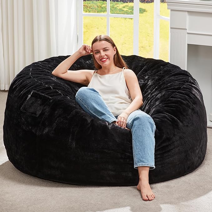 Hobestluk Bean Bag Chairs Giant Beanbag Chair with Filler, Memory Foam Bean Bags with Fluffy & Machine Washable Cover, Bean Bag Chairs for Aduts for Living Room, Bedroom (BLACK, 4FT - 44” x 44” x 24”)