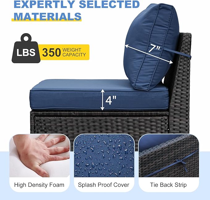 SunloungeCo 6 Pieces Patio Furniture Set, Outdoor Couch Sofa with Wider Armrests & Glass Coffee Table, Outdoor Sectional Furniture with Thick Cushions for Party, Poolside,Garden-Navy