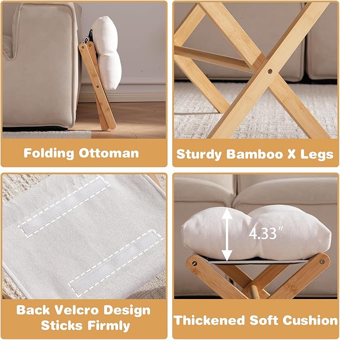 Ottoman Foot Rest- Bamboo Foldable Stool, Foot Stools Small Ottman with Upholstered & X Legs, Folding Stool for Makeup, Bedroom and Living Room (Small Beige)