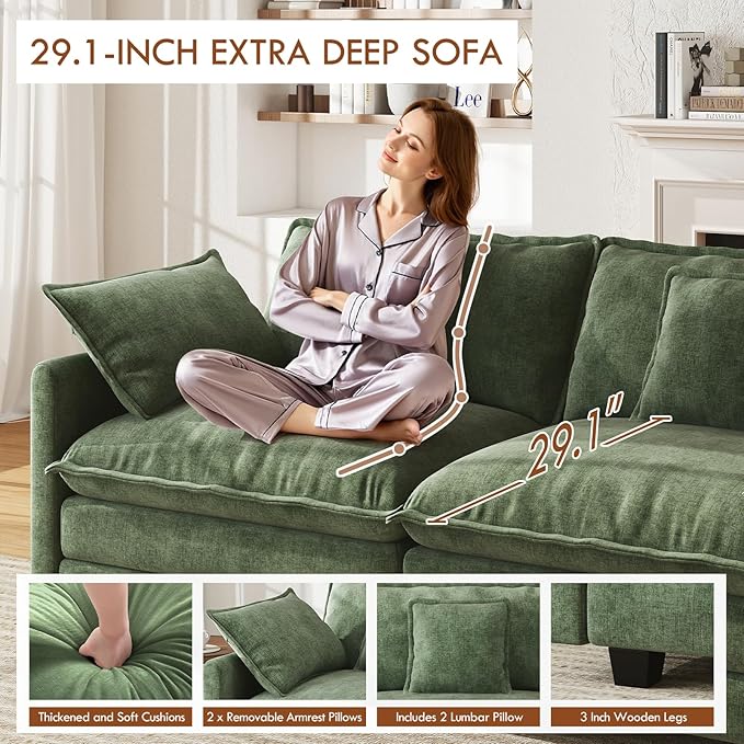WorthFurni 77 Inch Cloud Sofa Loveseat, Comfy Sectional Couch, 2-Seater Chenille Deep Seat Sofa with Throw Pillows for Living Room Bedroom Apartment (Green)