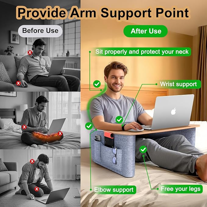 Lap Desk Pillow with Wooden Top, Large Reading Pillow for Bed, Laptop Desk for Couch, Gray