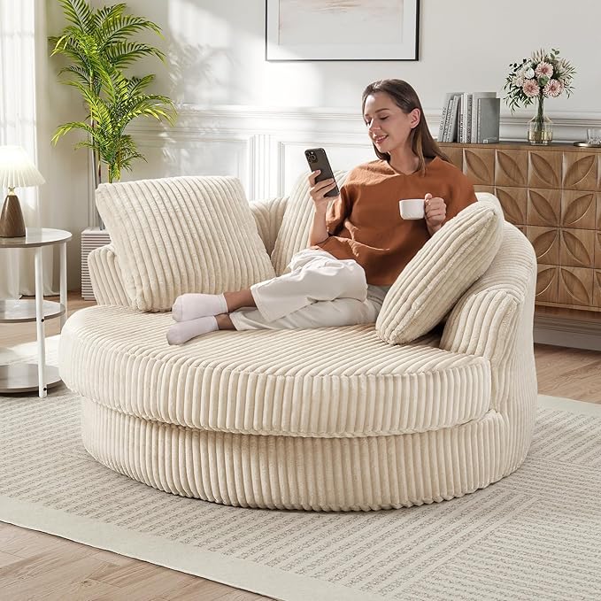 61"W Oversized Round Chaise Lounge Chair Indoor, Upholstered Corduroy Large Circle Boneless Chair with Deep Seat, No Assembly Required, Modern Comfy Cloud Sofa Chairs for Living Room, Bedroom(Beige)