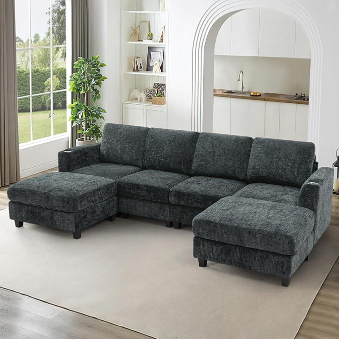 Lesofair 110" Convertible U-Shape Couch with 2 Flexible Ottomans, Soft Sectional Sofa with Durable Cup Holders, Chenille 4 Seater Sofa with Well-Filled Backrest for Living Room, House, Grey