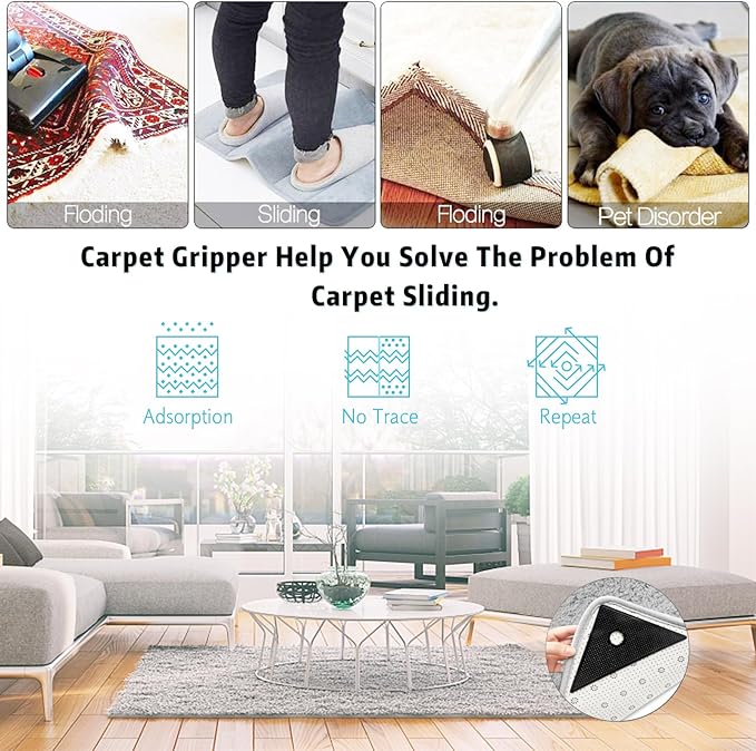 16 Pcs Rug Tape, Gripper for Rug for Hardwood Floors, Double Sided Reusable Carpet Tape Stickers, Rug Anti Slip Grips for Area Rugs, Non Slip Rug Pads (Black)