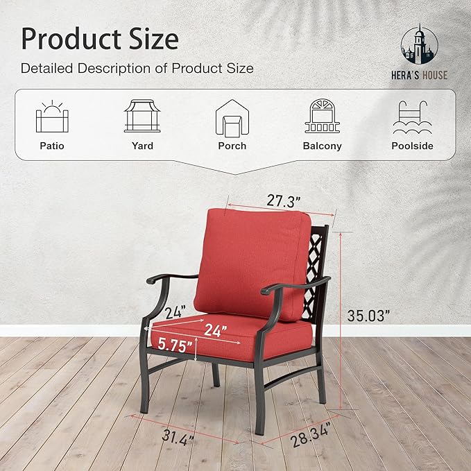 HERA'S HOUSE Outdoor Chairs Set of 2, 2 x Patio Chair with Red Cushions, All Weather Outdoor Furniture for Lawn Garden Backyard Deck(Leg Chairs)