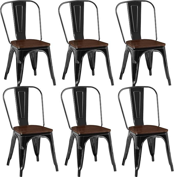 Metal Dining Chairs Set of 6,Stackable Tolix Chair Indoor/Outdoor for Kitchen,Cafe,Restaurant,Bistro & Patio Multiple Colors with High Backrest and Wood Seat(Black)