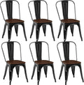 Metal Dining Chairs Set of 6,Stackable Tolix Chair Indoor/Outdoor for Kitchen,Cafe,Restaurant,Bistro & Patio Multiple Colors with High Backrest and Wood Seat(Black)