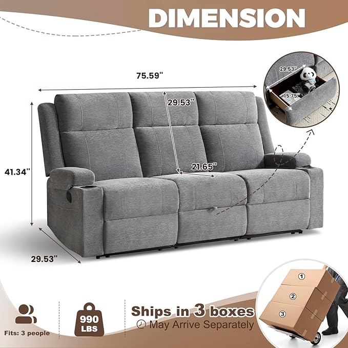 PALLOME Chenille Reclining Sofa 3-Seater with Convertible Table, Storage Ottoman & Cup Holders | Modern Space-Saving Couch, Ergonomic Living Room Furniture (Gray)