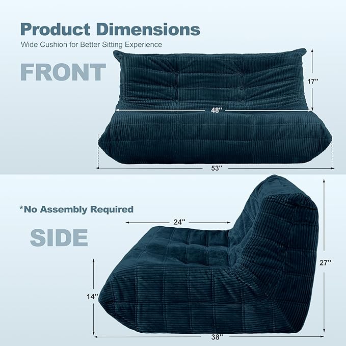 Bean Bag Chair,Giant Beanbag Chairs for Adults,Comfy Large Fireside Chair Lazy Sofa,Corduroy Bean Bag Lounger with Memory Foam Filled,Floor Sofa Couch for Living Room (Navy Blue, Loveseat)