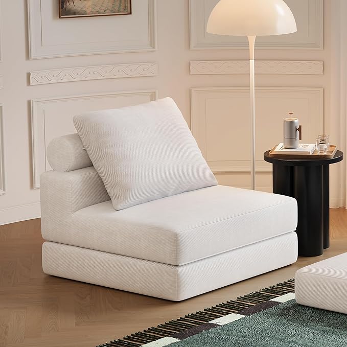 Folding Sofa Bed – Convertible Sleeper Chair Bed with Pillows/Single Floor Couch/Small Futon Couch Filled with High-Density Foam for Lounge, Guest Room or Office (White)