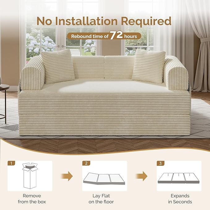 Convertible Coarser Corduroy Sleeper Sofa Bed with Cylindrical Pillow, Folding Mattress Couch with Fixed-Shape Frame, Floor Sofa Lounge Couch for Living Room Bedroom Lounge Studio, Beige
