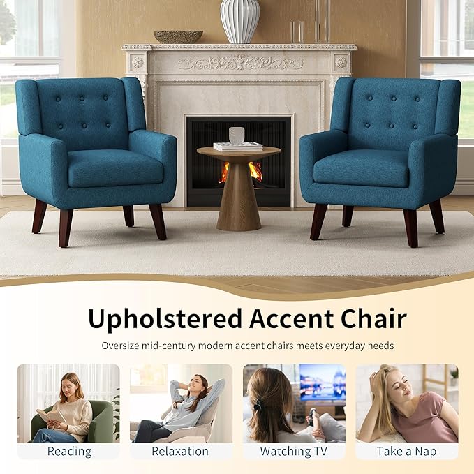 Accent Chairs, Mid-Century Modern Upholstered Living Room Armchair, Comfy Oversized Linen Fabric Single Reading Arm Chair with Tufted Back and Wood Legs for Bedroom, Club (1, Dark Teal)