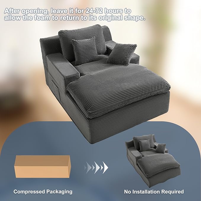 63" Oversized Boneless Chaise Lounge Chair, Extra Cloud Layer, Convertible Sleeper Sofa Couch with Removable Pillows & Side Pockets, Corduroy Upholstered Sofa Bed with Armrests for Living Room, Grey