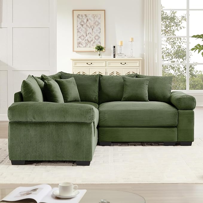 KEIKI 79" L-Shaped Oversized Corduroy Modular Cloud Sectional Sofa with High-Density Foam Cushion, Extra-Thick Armrest, Convertible 3-Seater Fluffy Corner Couch with 10 Pillow, for Living Room, Green