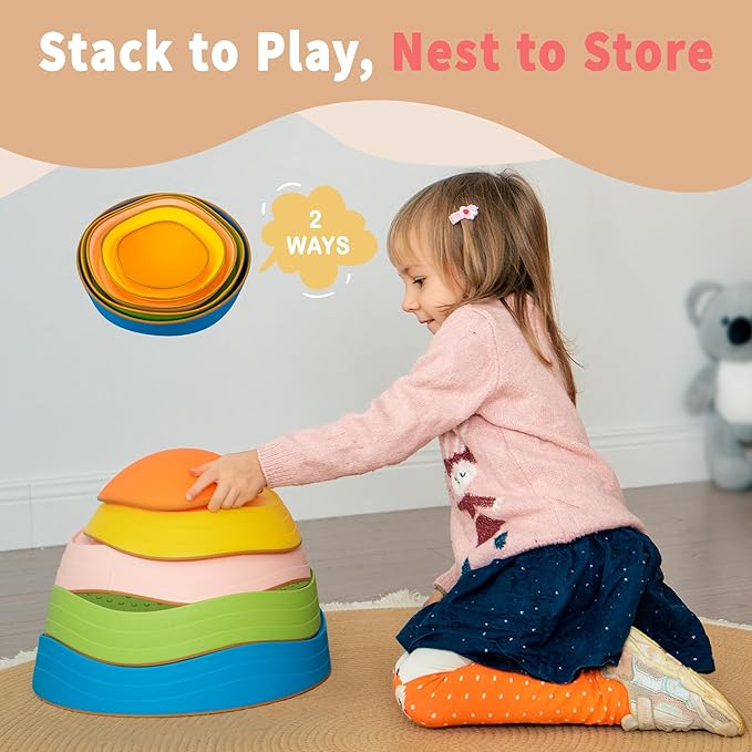 Oranmew Stepping Stones for Kids – Toddler Stepping Stones for Balance and Sensory Play, Non-Slip Indoor and Outdoor Balance Toys for Boys and Girls Age 3+, Stackable 5 Pcs Set