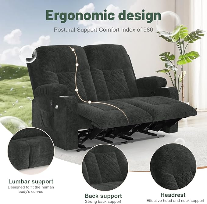 FURNIMAT Loveseat Recliner Sofa, 2 Seater Reclining Loveseat Sofa, Fabric Loveseat Couch, Modern Recliner Chair for Living Room, with Cup Holder and 2 Cell Phone Holders, USB Ports, Grey