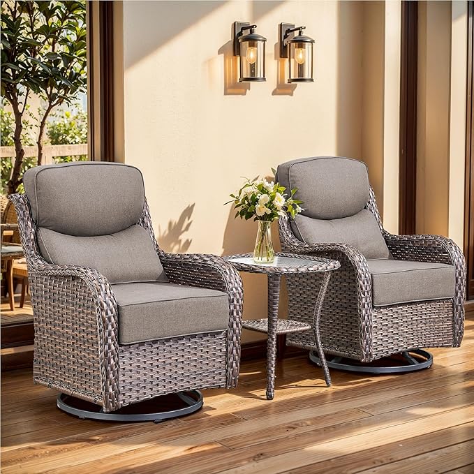 moosprr Luxury Outdoor Swivel Rocker Patio Chairs, High Back Swivel Patio Chairs with Side Table & 6-Inch Thick Cushions, Wicker Outdoor Bistro Set for Porch, Yard, Deck, Poolside, Brown/Grey