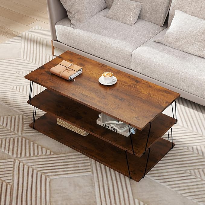 KJGKK Coffee Table, 40" Center Table with Storage Shelf, Rectangle Coffee Table, for Living Room, Toolless, Easy Assembly, Simple Style, Rustic Brown (Classic)