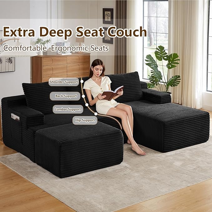 96" U-Shape Cloud Couch, Modern Modular Sectional L-Shape Sofa with Ottoman, Corduroy Upholstered Couches Deep Seat Sleeper Chaise Longue for Living Room, No Assembly Required(Black, Right Facing)