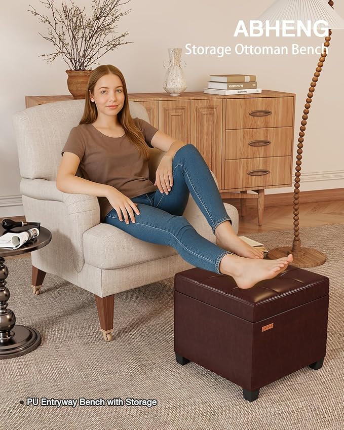 ABHENG 17.7 inches Synthetic Leather turfed Ottomans Cube with Storage, Metal-Framed Square Storage Ottoman Foot Rest Stool Holds 770 LB for Dorm Living Room Bedroom Brown UASND63R