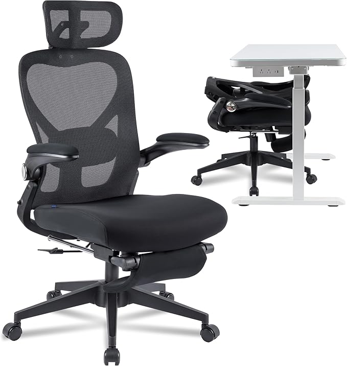 FLEXISPOT Foldex Ergonomic Office Chair, Folding Chair for Small Spaces with Lumbar Support, Flip-up Armrests, 3D Headrest, Desk Chairs with Footrest for Work,Video Game (Foam Black)