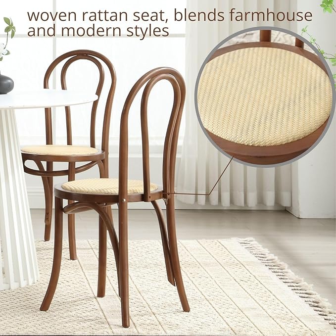 DM Furniture Walnut Dining Chairs Set of 6 Mid-Century Modern Rattan Desk Chairs with Backrest, Armless Bentwood Bistro Chairs for Dining/Kitchen Room,Home No Assembly Required, Walnut Wood